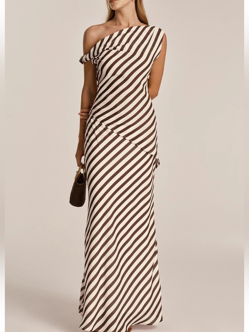 Commense Asymmetrical One-Shoulder Striped Maxi Skirt Set- Brown & Cream - Picture 2 of 7